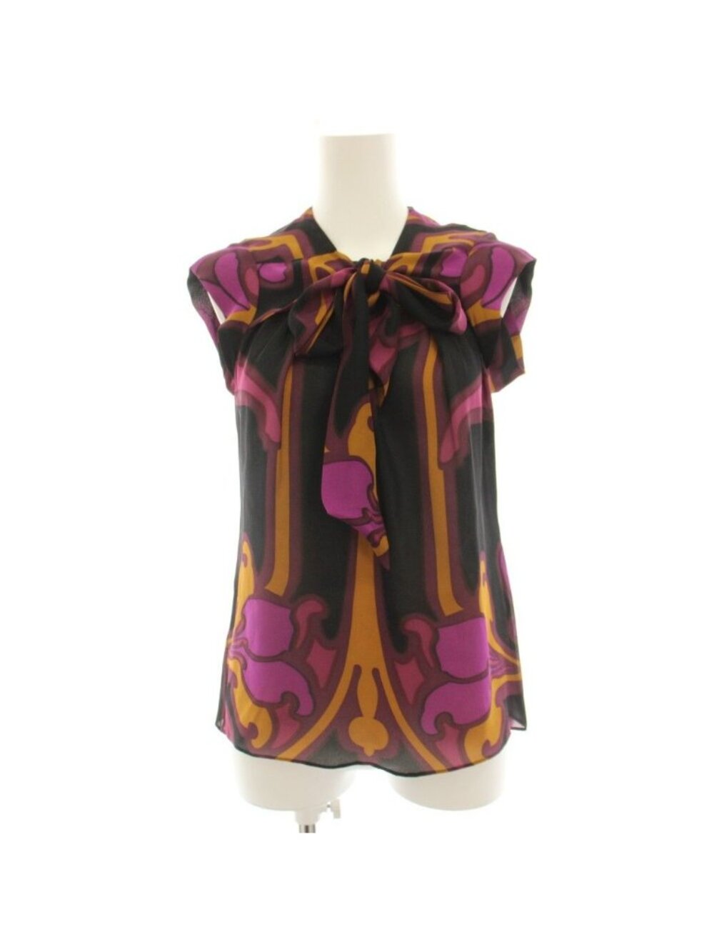 Gucci Shirt Blouse French Sleeve All Over Print Silk Ribbon Black Purple 36